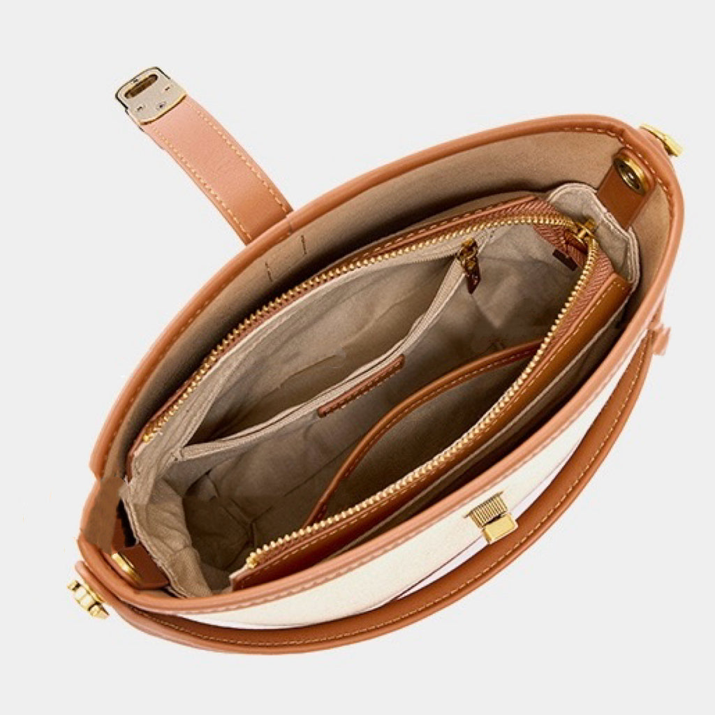 Women's Woven Colorblock Cowhide Shoulder Bucket Bag