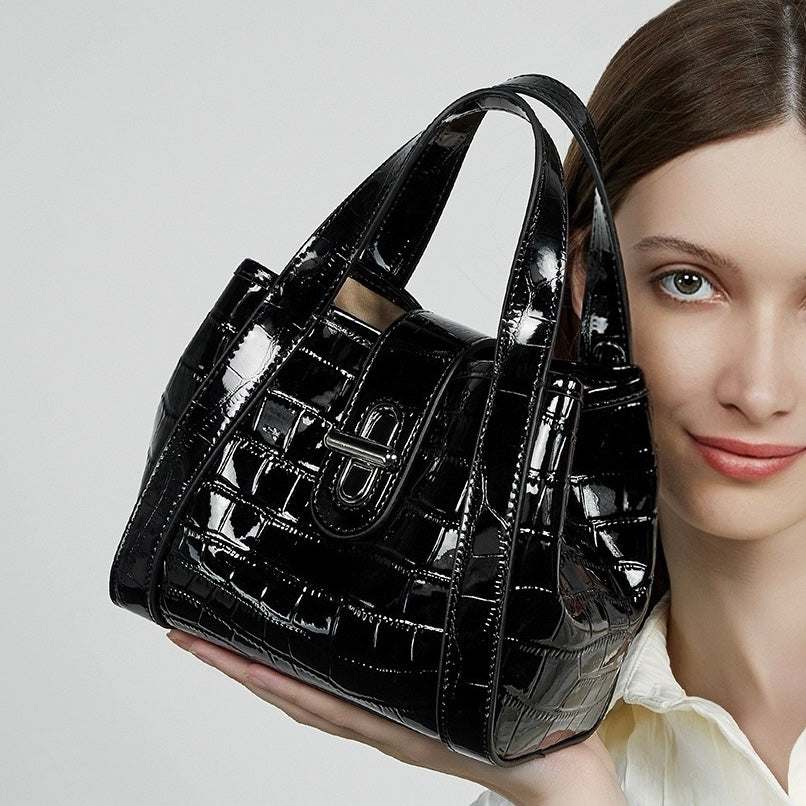 Women's Genuine Leather Croc Embossed Buckle Bucket Handbag