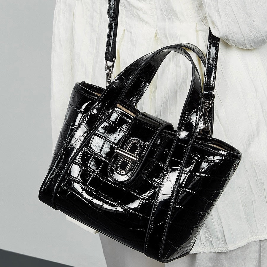 Women's Genuine Leather Croc Embossed Buckle Bucket Handbag