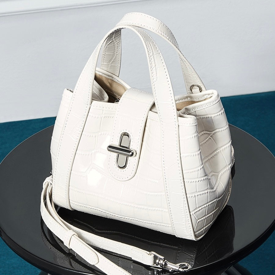 Women's Genuine Leather Croc Embossed Buckle Bucket Handbag