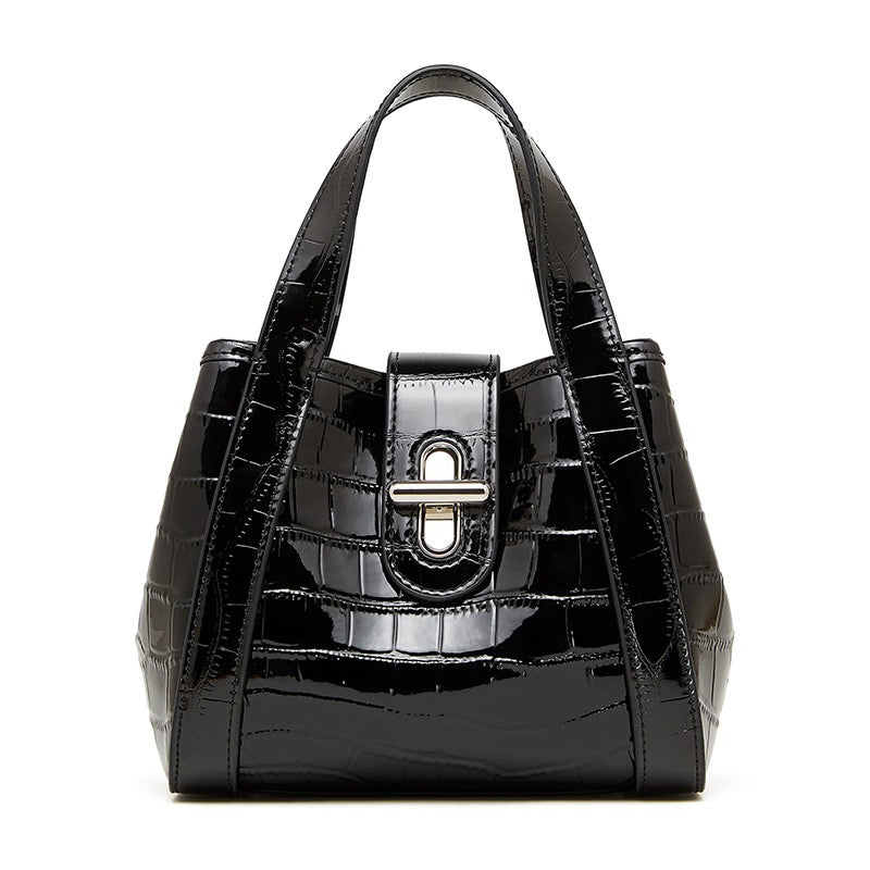 Women's Genuine Leather Croc Embossed Buckle Bucket Handbag