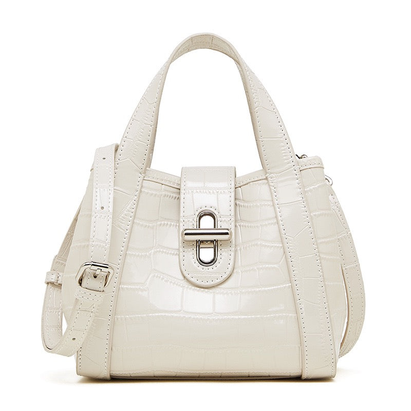 Women's Genuine Leather Croc Embossed Buckle Bucket Handbag
