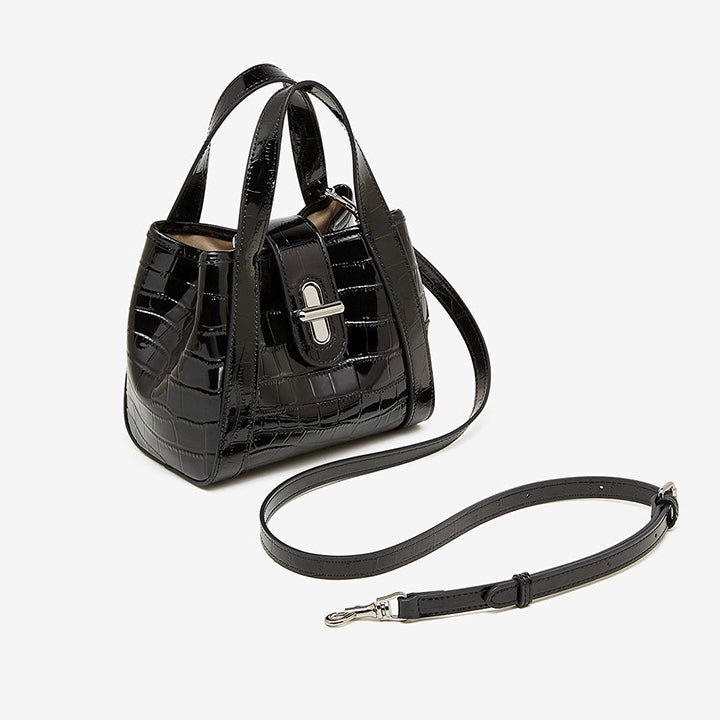 Women's Genuine Leather Croc Embossed Buckle Bucket Handbag