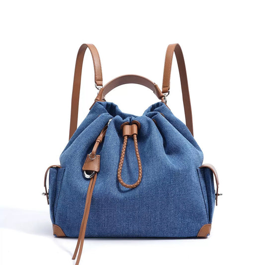 Women's Genuine Leather Denim Patchwork Travel Backpack