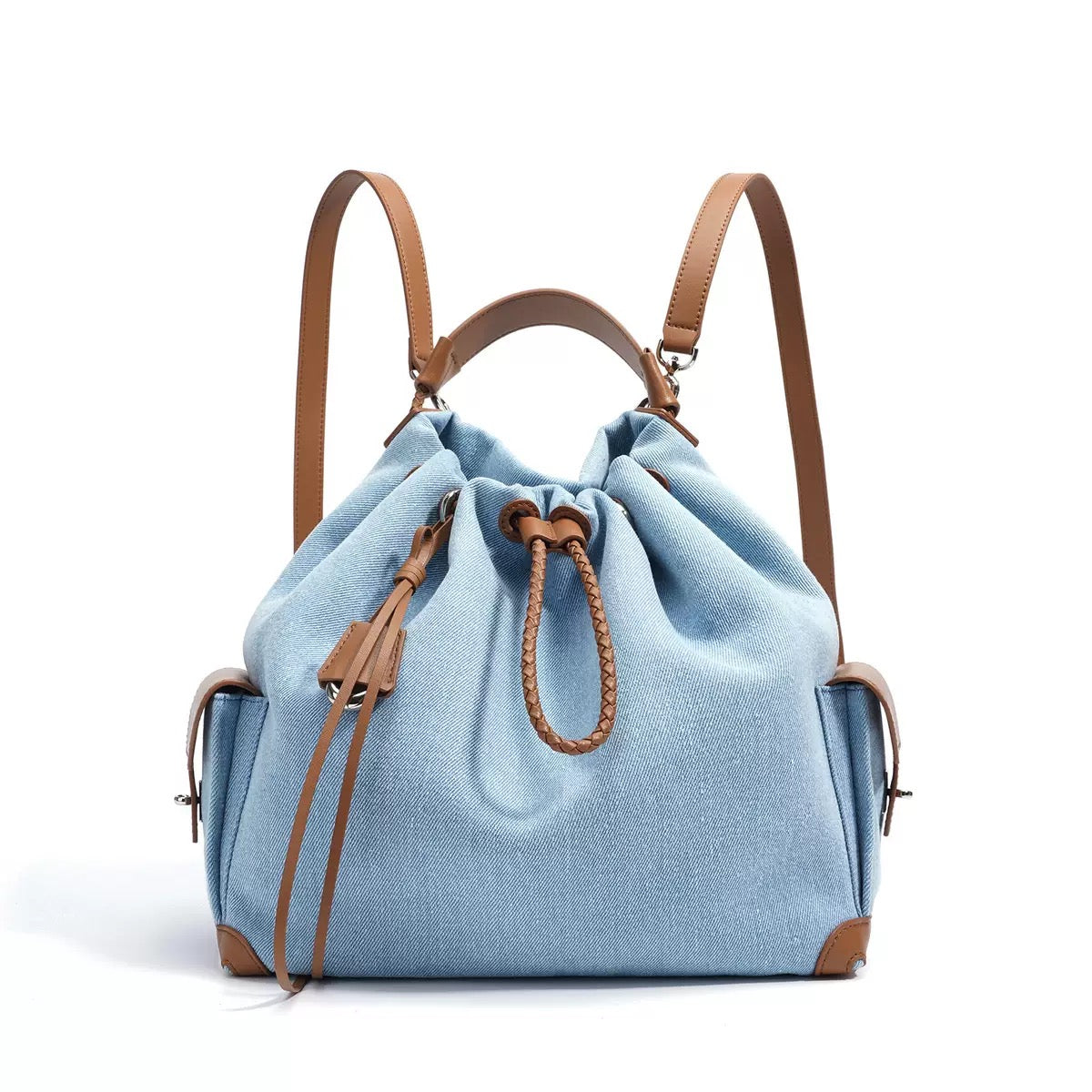 Women's Genuine Leather Denim Patchwork Travel Backpack