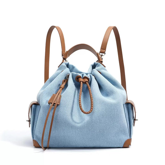 Women's Genuine Leather Denim Patchwork Travel Backpack