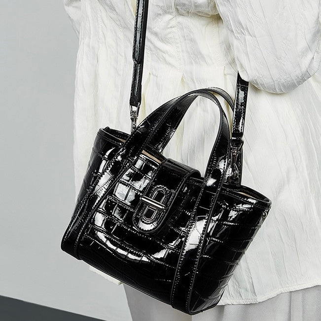 Women's Genuine Leather Croc Embossed Buckle Bucket Handbag