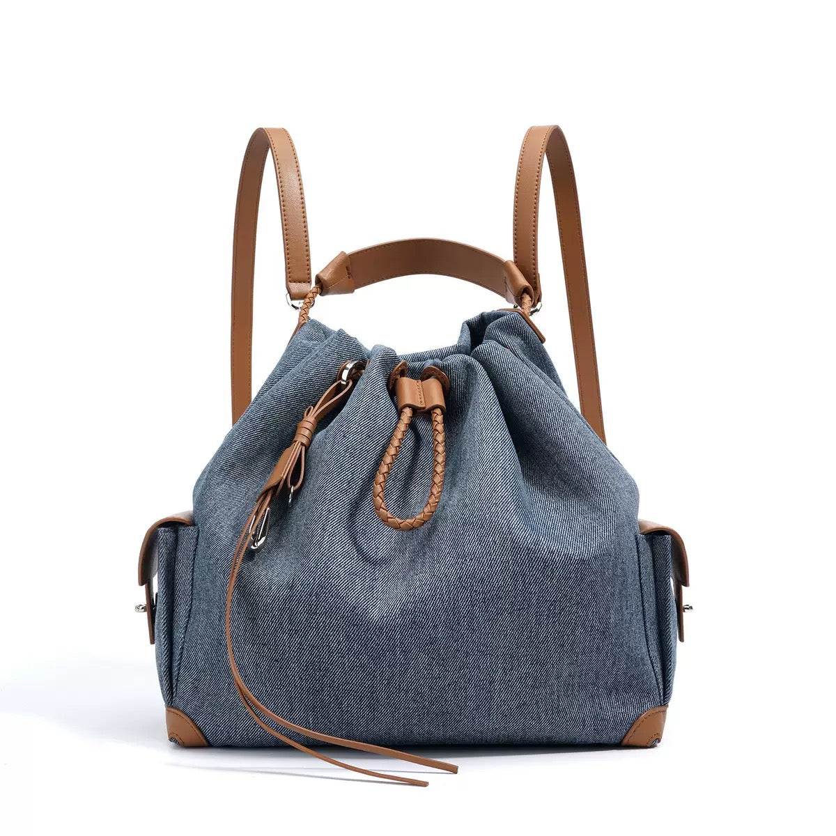 Women's Genuine Leather Denim Patchwork Travel Backpack