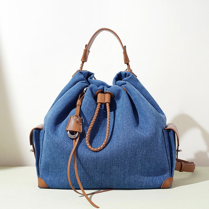 Women's Genuine Leather Denim Patchwork Travel Backpack