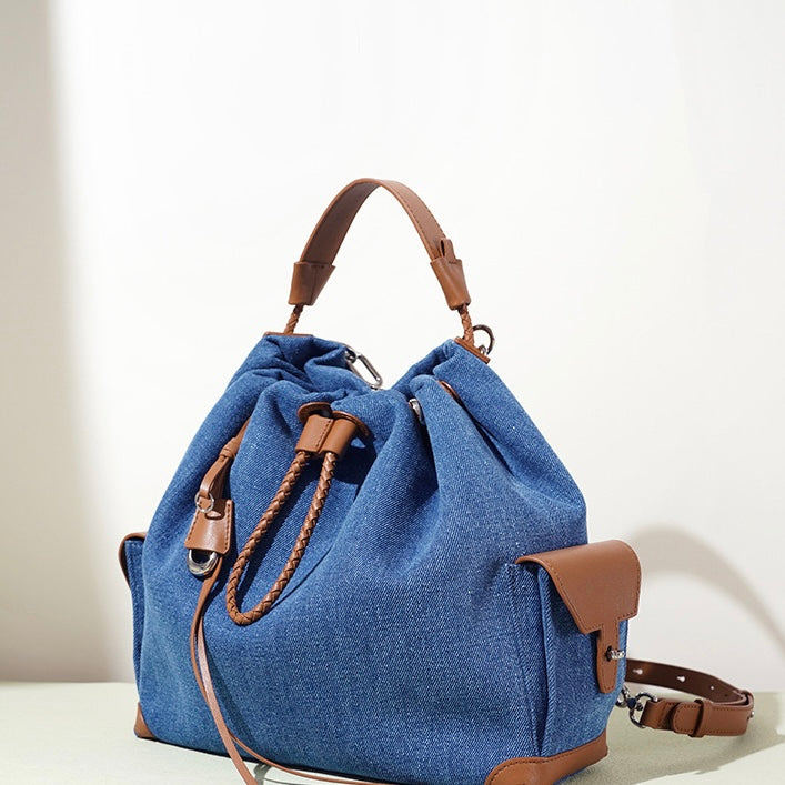 Women's Genuine Leather Denim Patchwork Travel Backpack