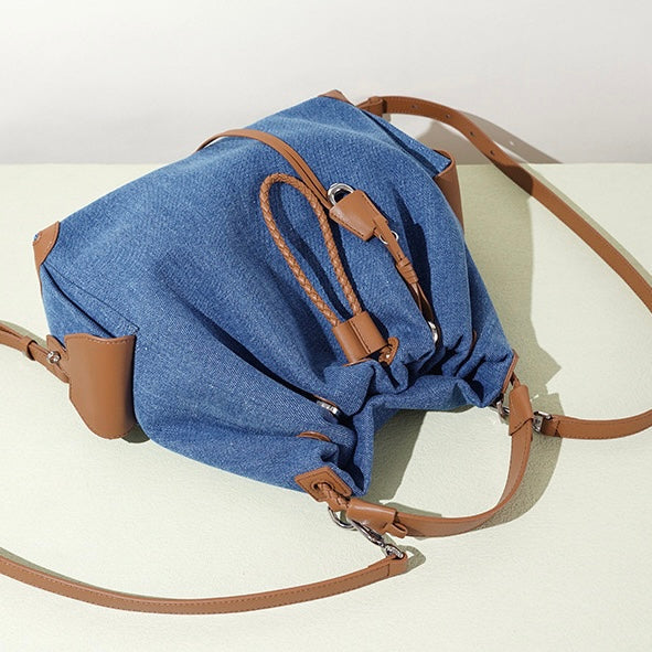 Women's Genuine Leather Denim Patchwork Travel Backpack