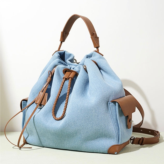 Women's Genuine Leather Denim Patchwork Travel Backpack