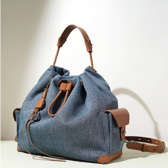Women's Genuine Leather Denim Patchwork Travel Backpack