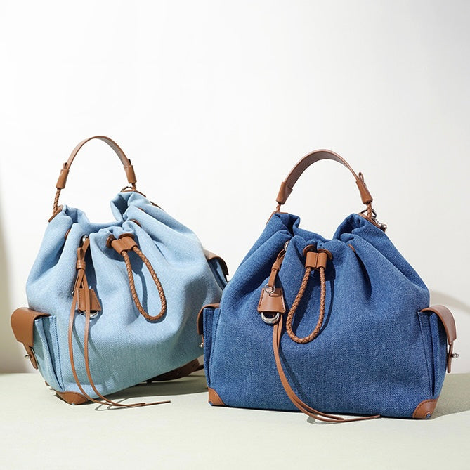 Women's Genuine Leather Denim Patchwork Travel Backpack