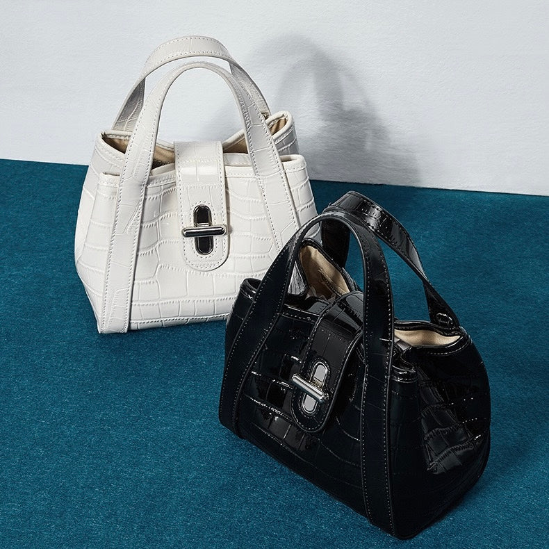 Women's Genuine Leather Croc Embossed Buckle Bucket Handbag