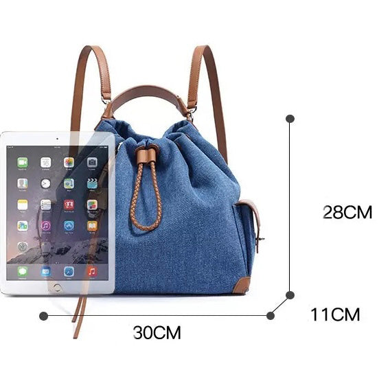 Women's Genuine Leather Denim Patchwork Travel Backpack