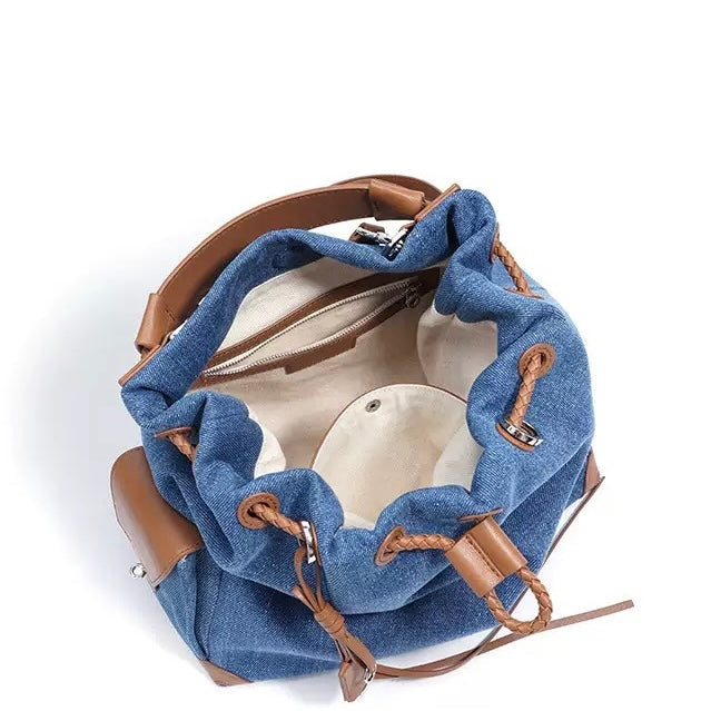 Women's Genuine Leather Denim Patchwork Travel Backpack
