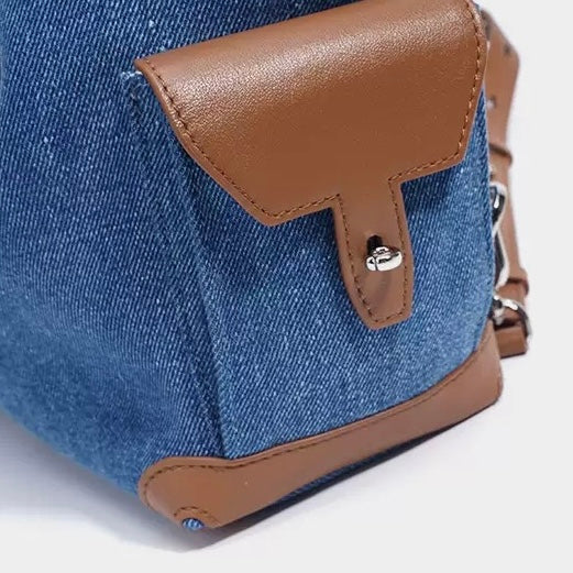 Women's Genuine Leather Denim Patchwork Travel Backpack