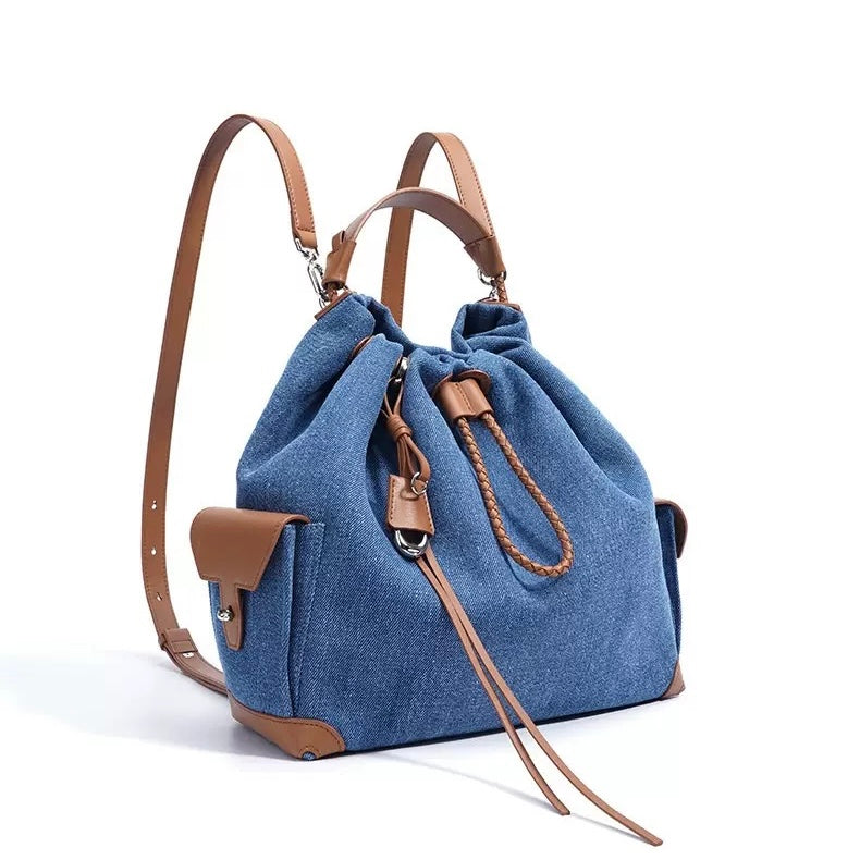 Women's Genuine Leather Denim Patchwork Travel Backpack