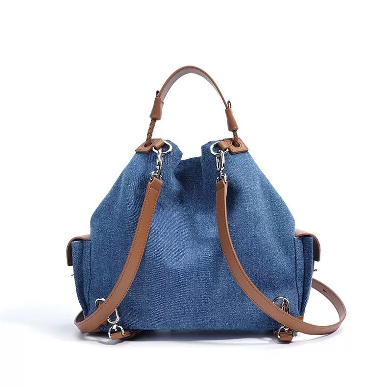 Women's Genuine Leather Denim Patchwork Travel Backpack