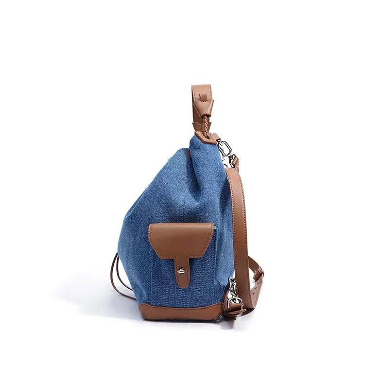 Women's Genuine Leather Denim Patchwork Travel Backpack