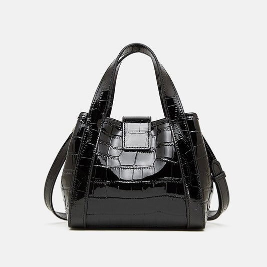 Women's Genuine Leather Croc Embossed Buckle Bucket Handbag