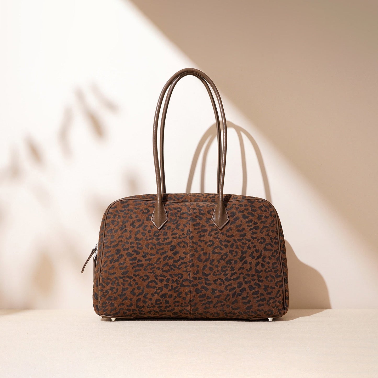 Women's Genuine Leather Leopard Print Bowling Bag with Large Capacity