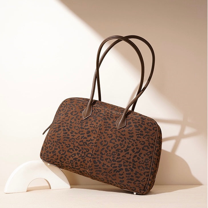 Women's Genuine Leather Leopard Print Bowling Bag with Large Capacity