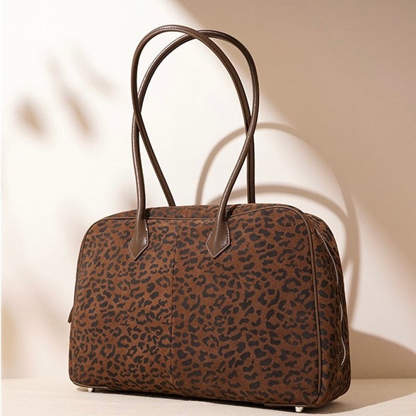 Women's Genuine Leather Leopard Print Bowling Bag with Large Capacity