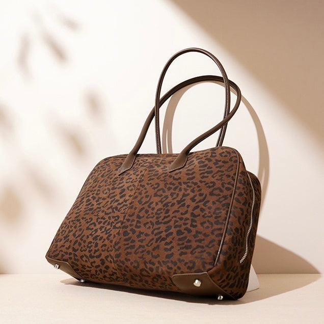 Women's Genuine Leather Leopard Print Bowling Bag with Large Capacity