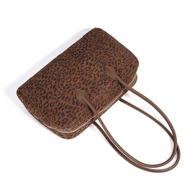 Women's Genuine Leather Leopard Print Bowling Bag with Large Capacity