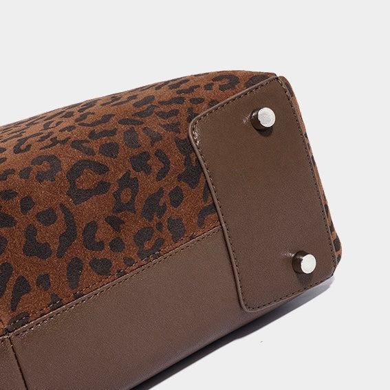 Women's Genuine Leather Leopard Print Bowling Bag with Large Capacity