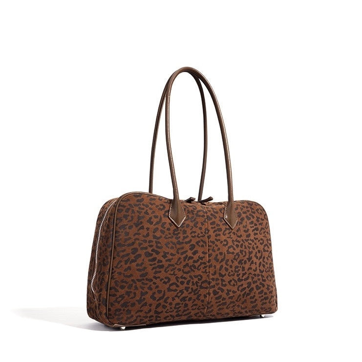 Women's Genuine Leather Leopard Print Bowling Bag with Large Capacity