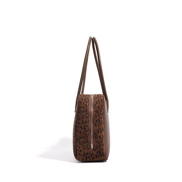 Women's Genuine Leather Leopard Print Bowling Bag with Large Capacity