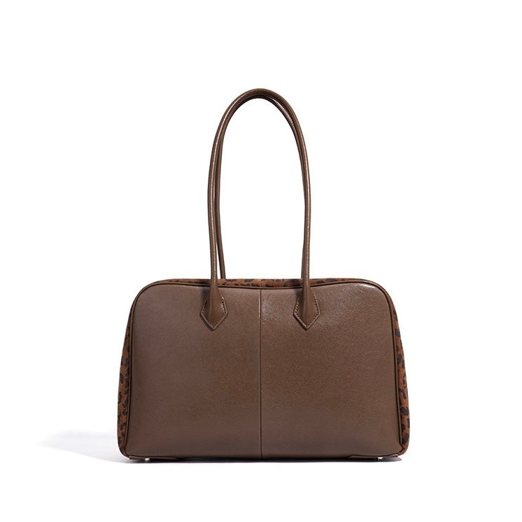 Women's Genuine Leather Leopard Print Bowling Bag with Large Capacity