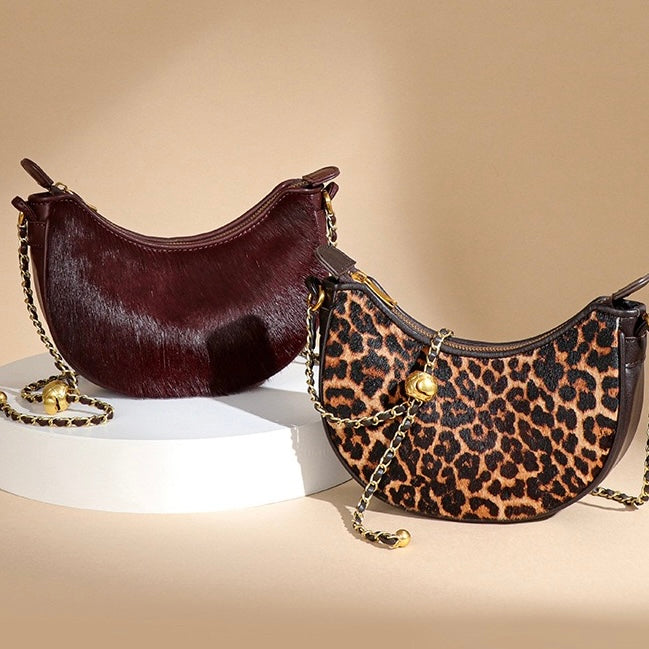 Women's Genuine Leather Leopard Print Half Moon Crossbody Bag