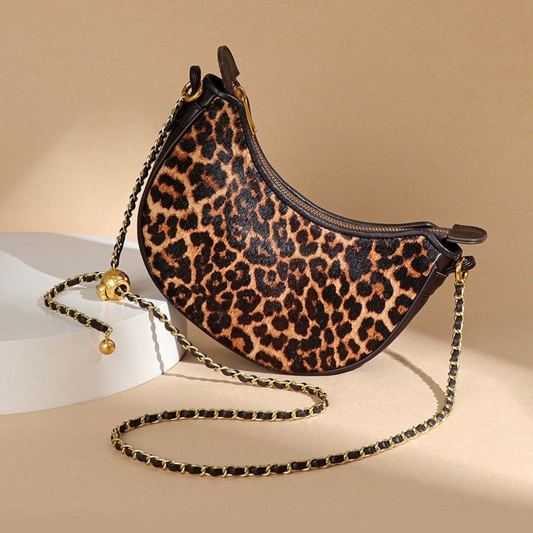 Women's Genuine Leather Leopard Print Half Moon Crossbody Bag