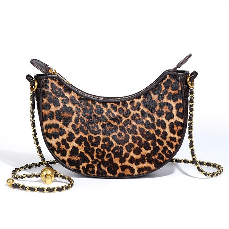 Women's Genuine Leather Leopard Print Half Moon Crossbody Bag