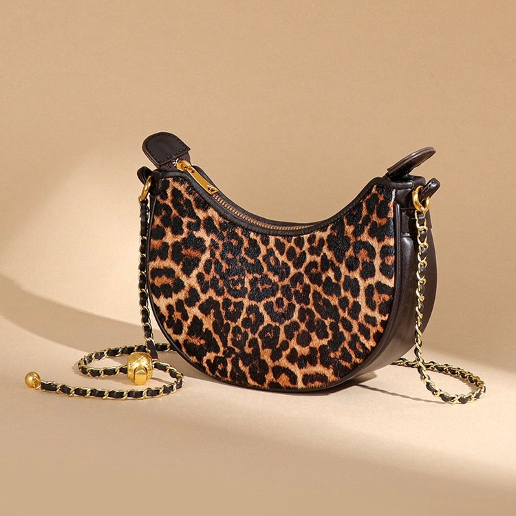 Women's Genuine Leather Leopard Print Half Moon Crossbody Bag
