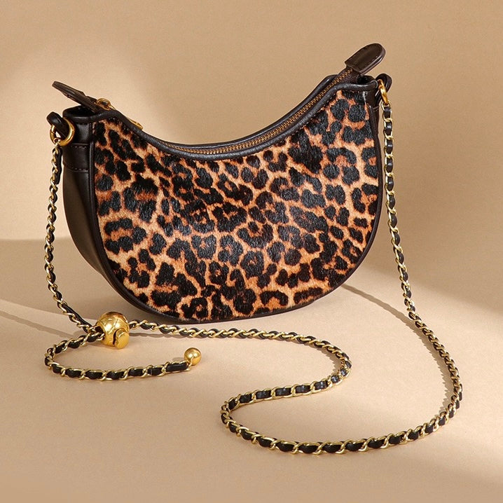 Women's Genuine Leather Leopard Print Half Moon Crossbody Bag