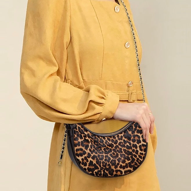 Women's Genuine Leather Leopard Print Half Moon Crossbody Bag
