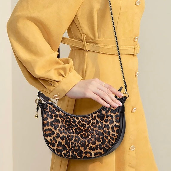 Women's Genuine Leather Leopard Print Half Moon Crossbody Bag