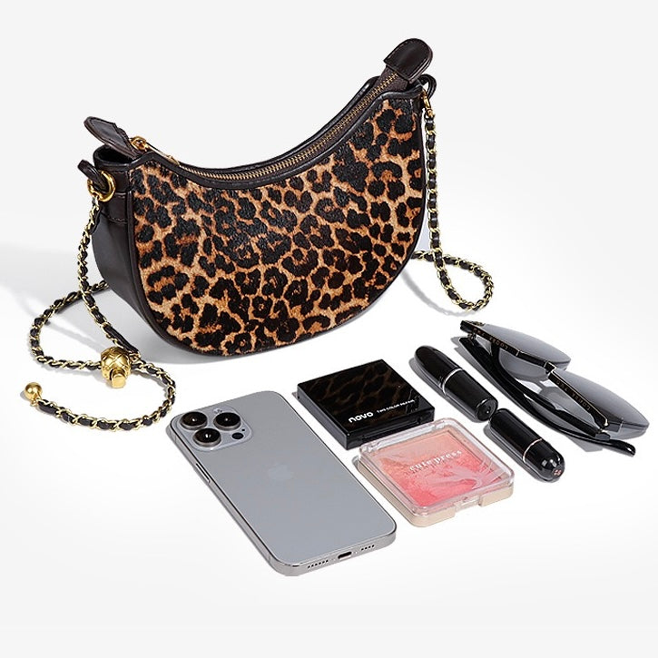 Women's Genuine Leather Leopard Print Half Moon Crossbody Bag