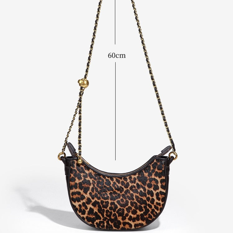 Women's Genuine Leather Leopard Print Half Moon Crossbody Bag