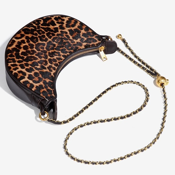 Women's Genuine Leather Leopard Print Half Moon Crossbody Bag