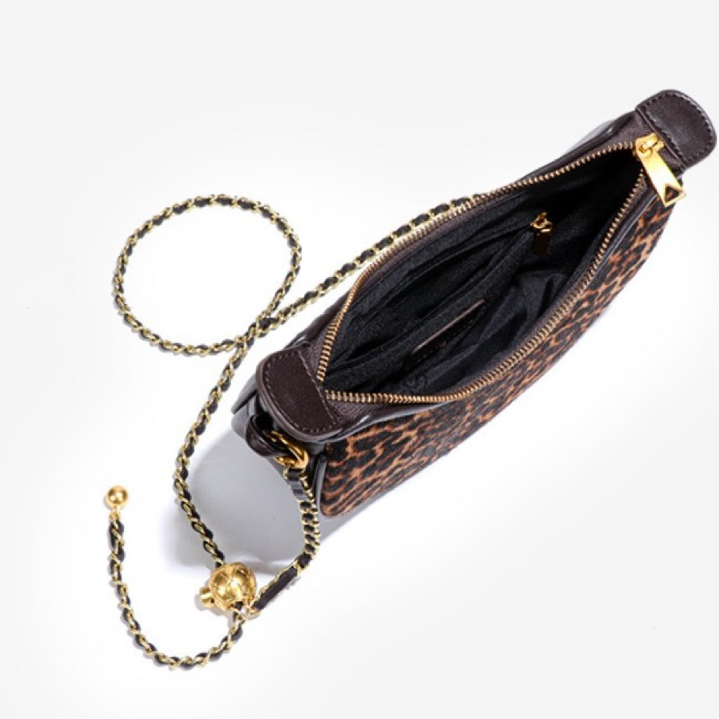Women's Genuine Leather Leopard Print Half Moon Crossbody Bag