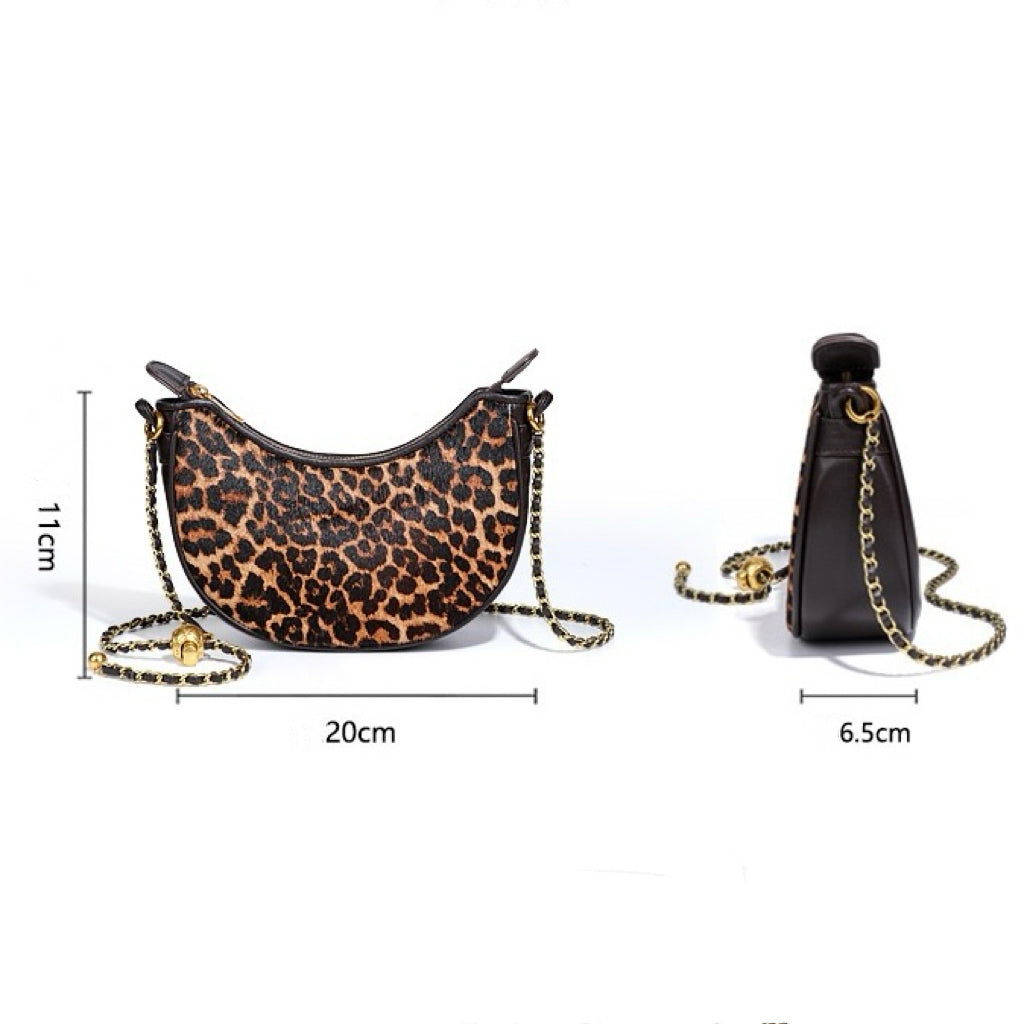 Women's Genuine Leather Leopard Print Half Moon Crossbody Bag