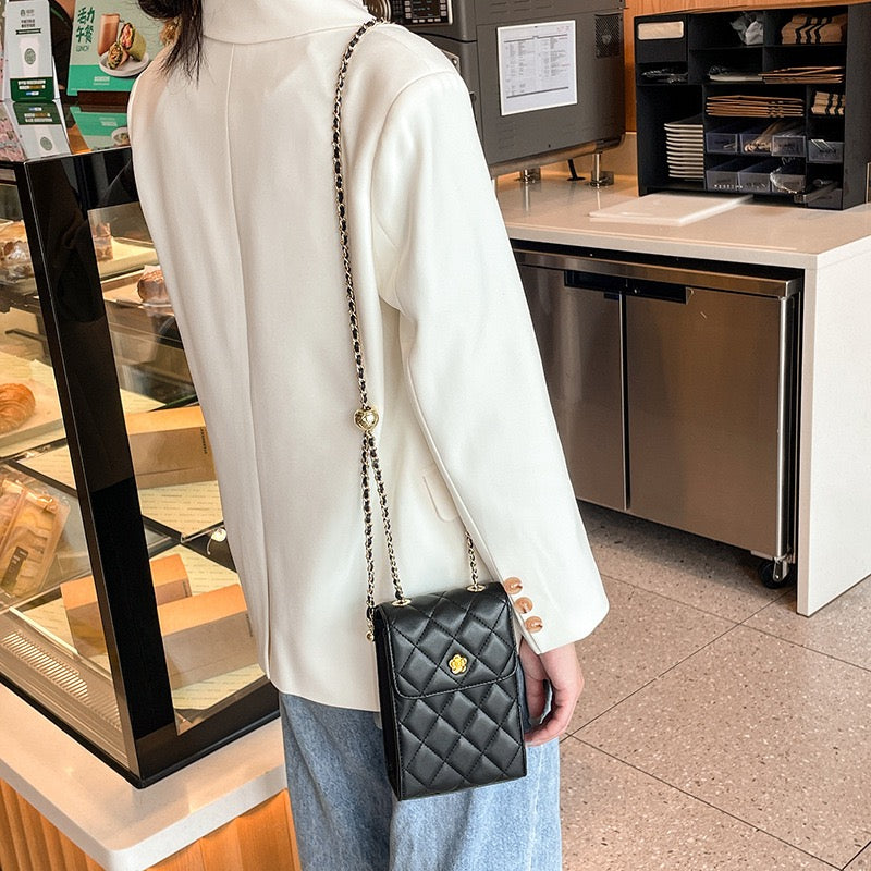 Women's Genuine Leather Quilted Chain Mini Phone Crossbody Bag