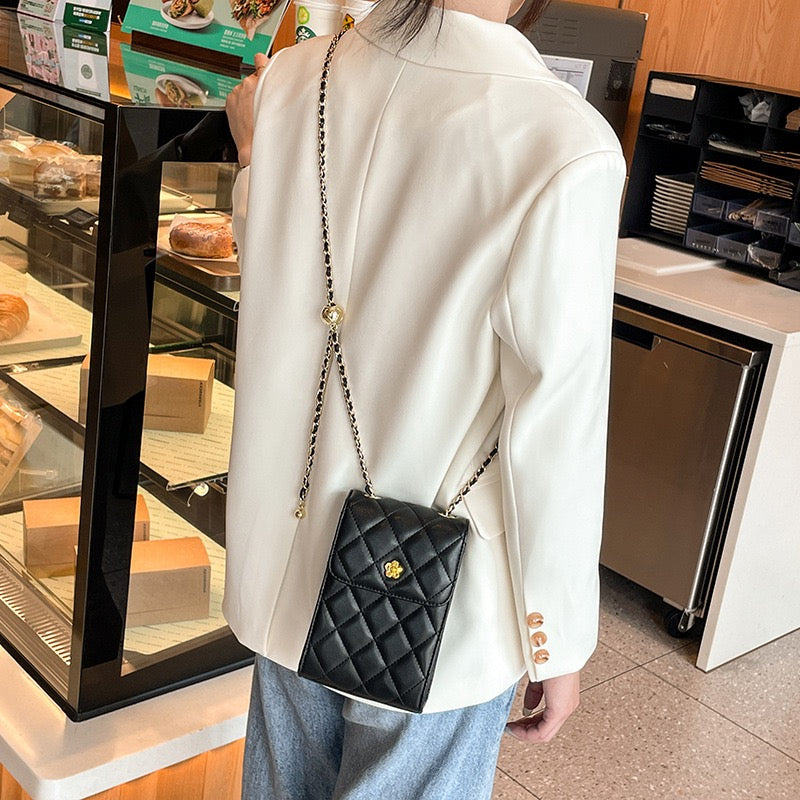 Women's Genuine Leather Quilted Chain Mini Phone Crossbody Bag