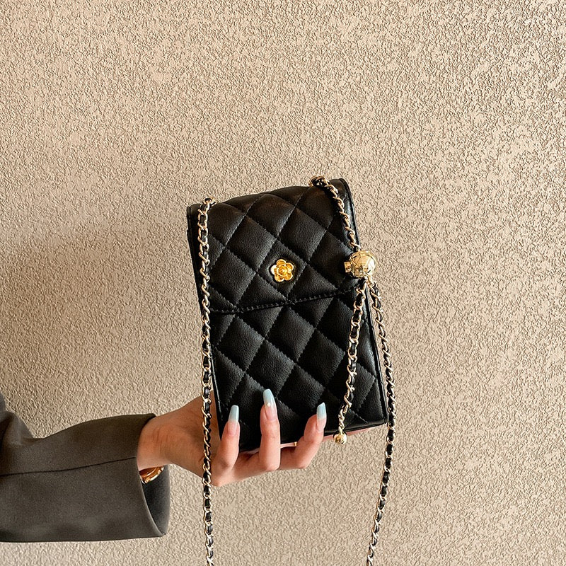 Women's Genuine Leather Quilted Chain Mini Phone Crossbody Bag